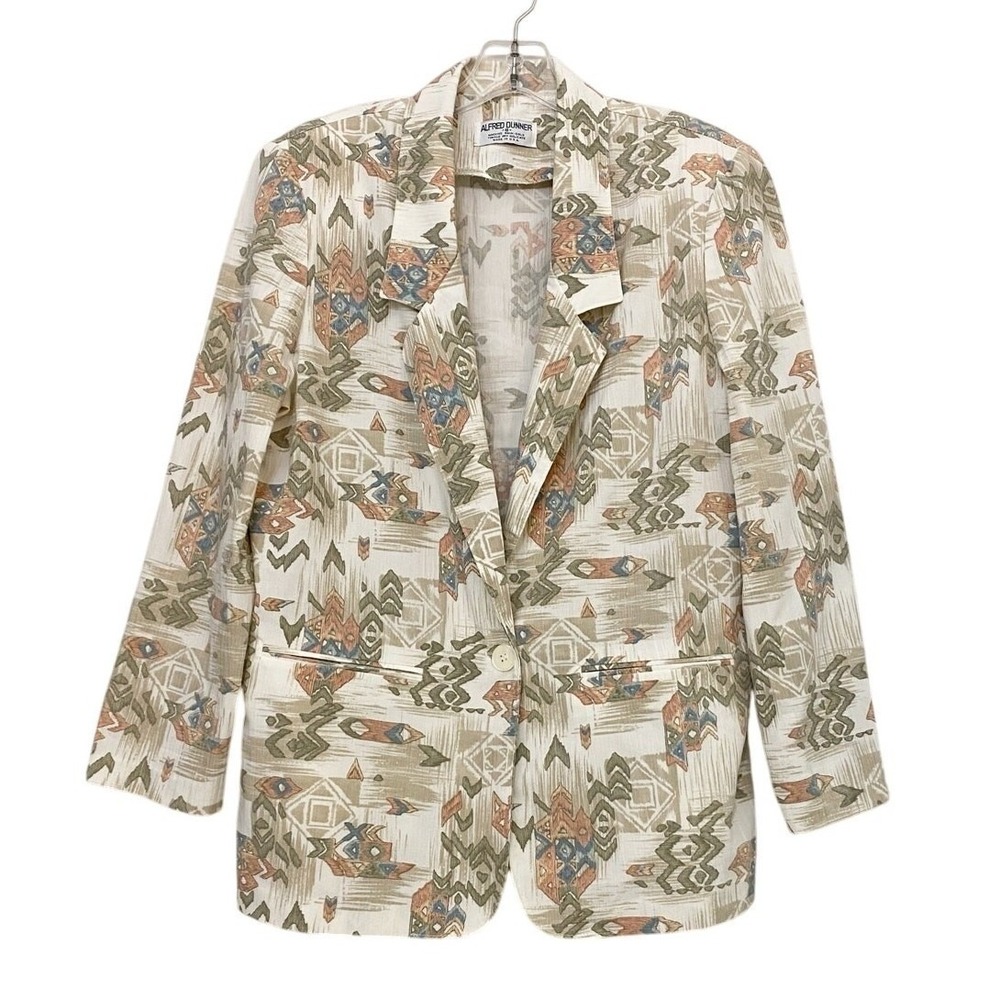 Alfred Dunner Vintage Southwestern Geometric Print Blazer Tan Green Small USA